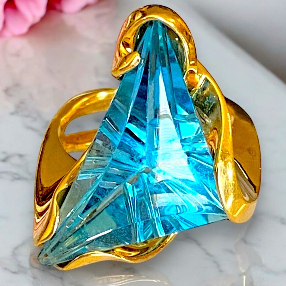 Designer CUSTOM 14k Gold Massive Carved Blue Topaz Abstract Ring Size 6